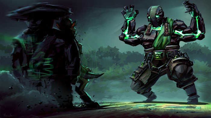 Two characters fighting in a forest