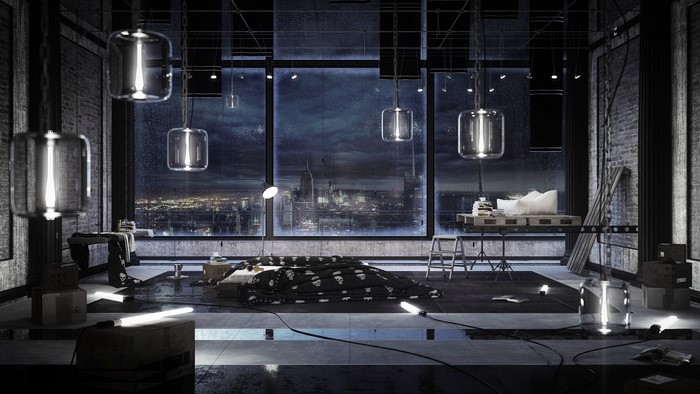 Loft bedroom with city view at night