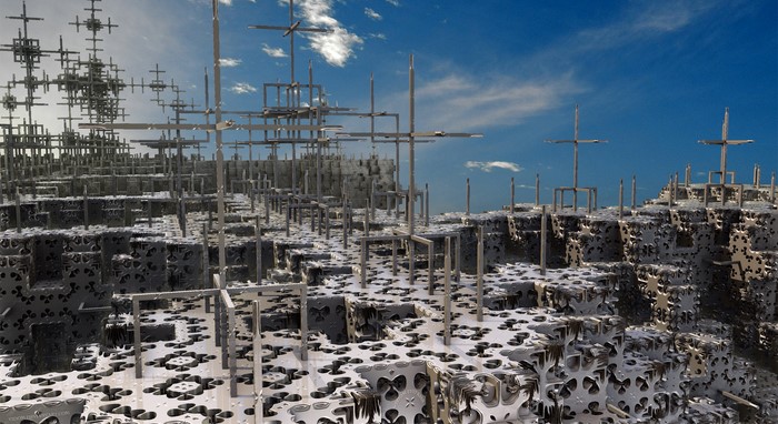 Fractal city with metallic structures and blue sky