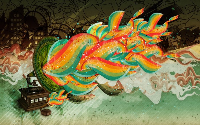 Gramophone with colorful abstract sound waves