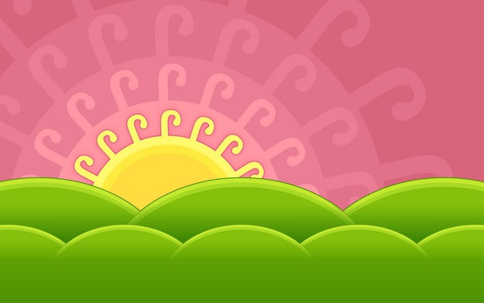 Stylized sunrise over green hills