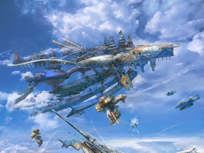 Massive airship fleet in a blue sky with clouds
