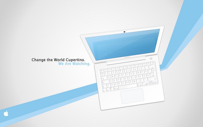 Apple MacBook with text 'Change the World Cupertino. We Are Watching.'