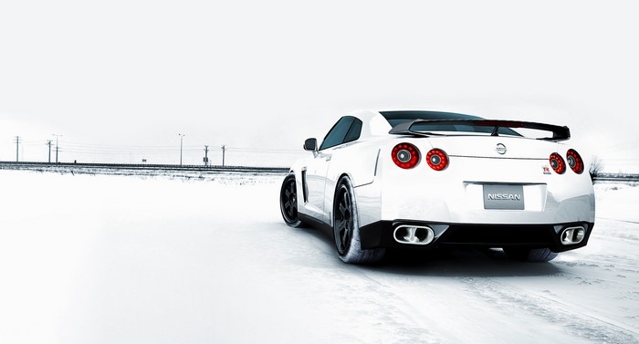 White Nissan GT-R in a Snowy Landscape