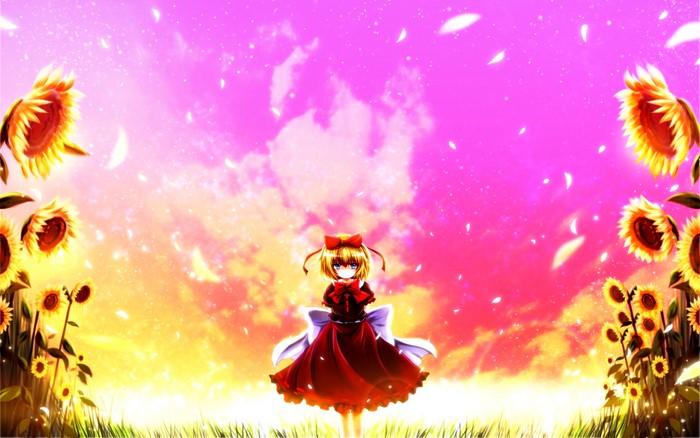 Anime Girl in Red Dress with Sunflowers