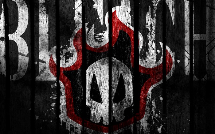 Bleach logo with skull emblem on wood