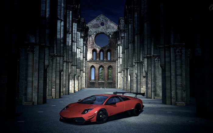 Red Lamborghini SV in ruined cathedral