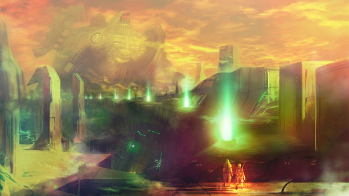 Xenosaga anime landscape with glowing pillars