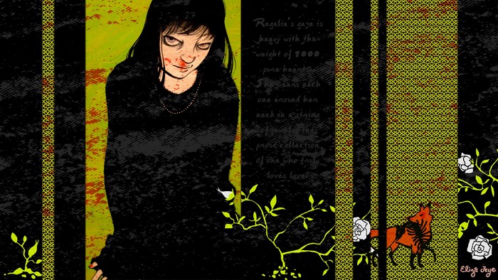 Woman with blood on face and fox illustration