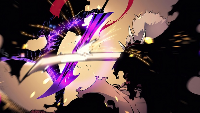 Igris from Solo Leveling fighting with a purple sword