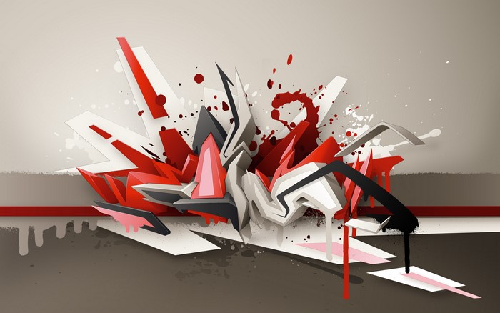 Abstract graffiti art with red and white elements
