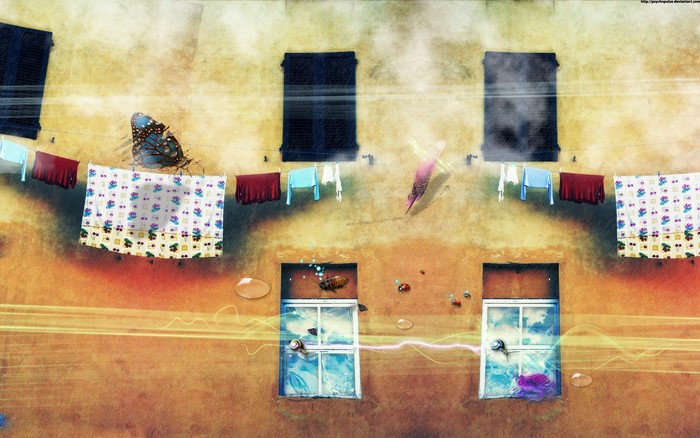 Artistic scene with butterfly and laundry