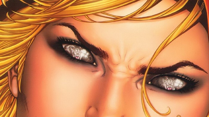 Close-up of a woman's eyes with wolf reflections