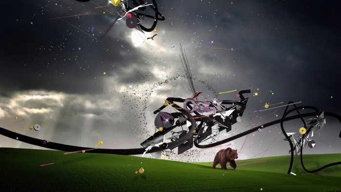 Artistic abstract composition with a bear on a green field