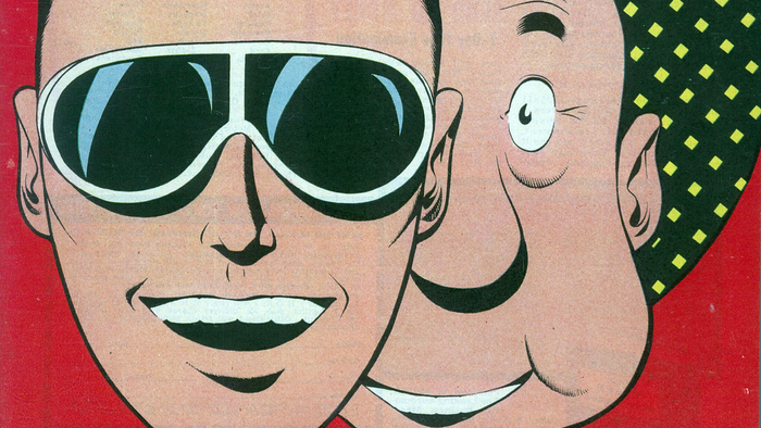 Two men with sunglasses and patterned background