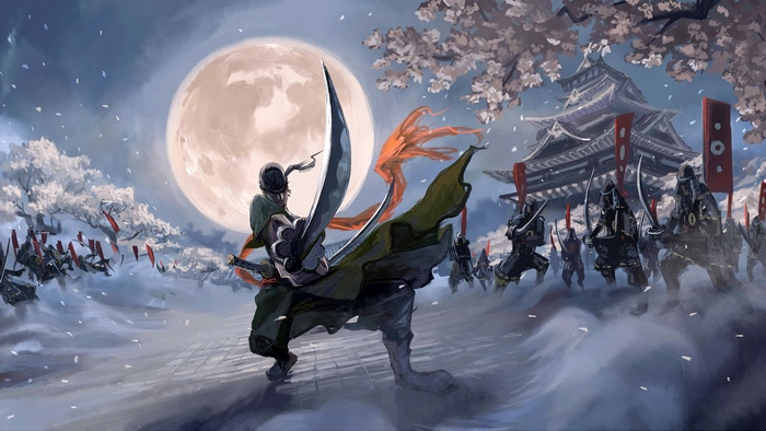 Zoro from One Piece with Katanas in front of a Japanese Castle