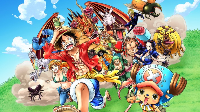 One Piece characters with a dragon and various creatures