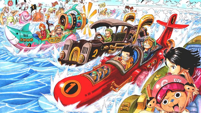 Straw Hat Pirates racing in boats from One Piece 4K