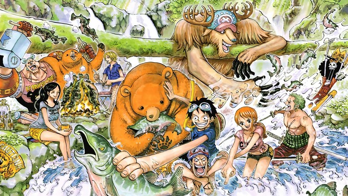 One Piece Straw Hat Pirates fishing and cooking