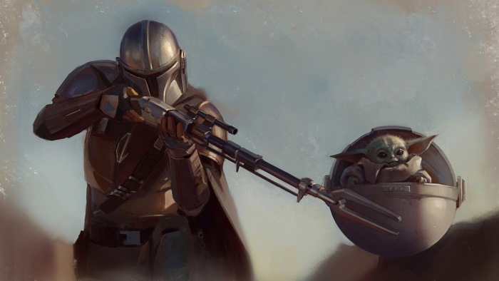 The Mandalorian and Grogu with a rifle