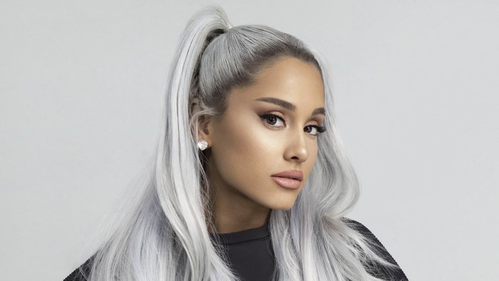 Ariana Grande with silver hair and ponytail