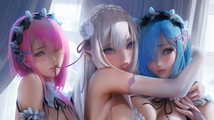 Re:Zero, Anime, Girls, Ram, Emilia, Rem, 4K