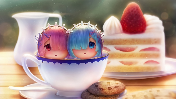 Chibi, Anime, Cake, Girls, Ram, Rem, Re:Zero, 4K