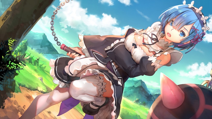Rem from Re:Zero holding a flail