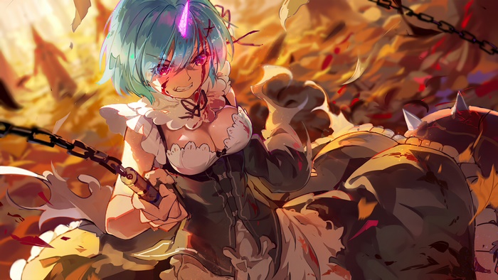 Rem, Horn, Re:Zero, Anime, Girl, Maid, 4K