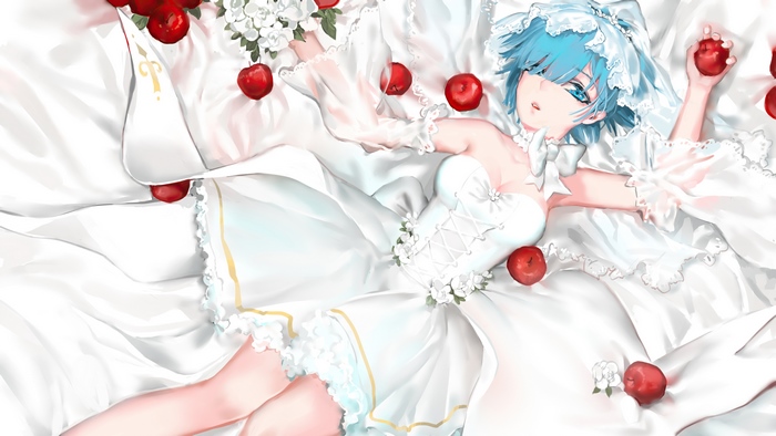 Rem from Re:Zero in a white dress with apples