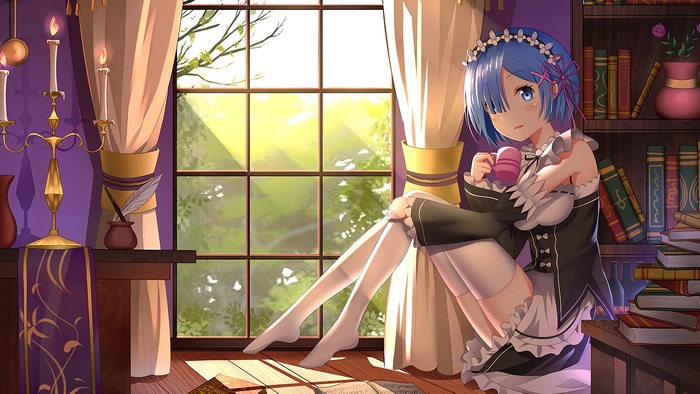 Rem from Re:Zero holding a cup