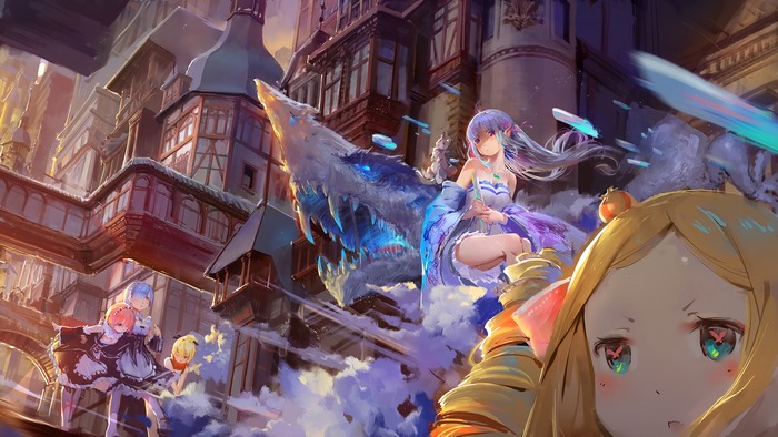 Rem, Ram, and Beatrice from Re:Zero with a dragon and city