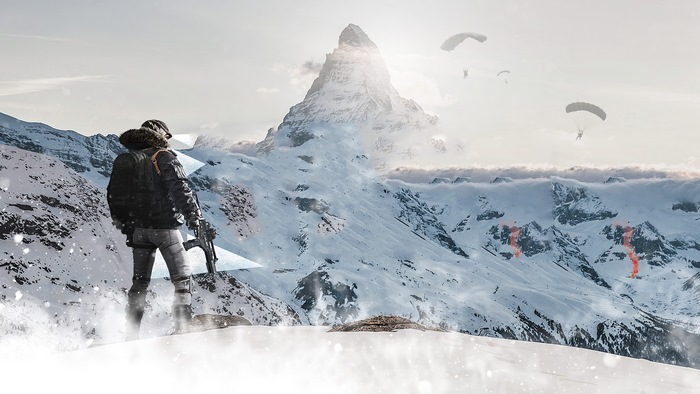 Player from PUBG parachuting in mountains 4K
