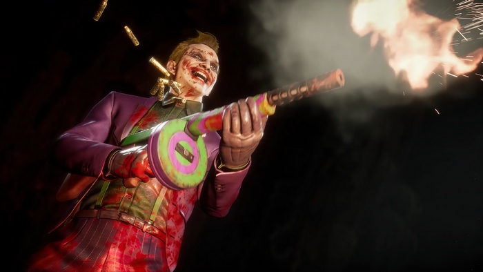 Joker from Mortal Kombat 11 firing a submachine gun