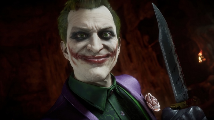 Joker from Mortal Kombat 11 holding a bloody knife