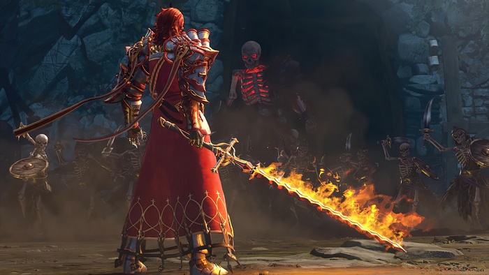 Percival from Granblue Fantasy: Relink with a flaming sword