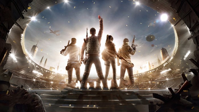 PUBG players in stadium with guns and airplane