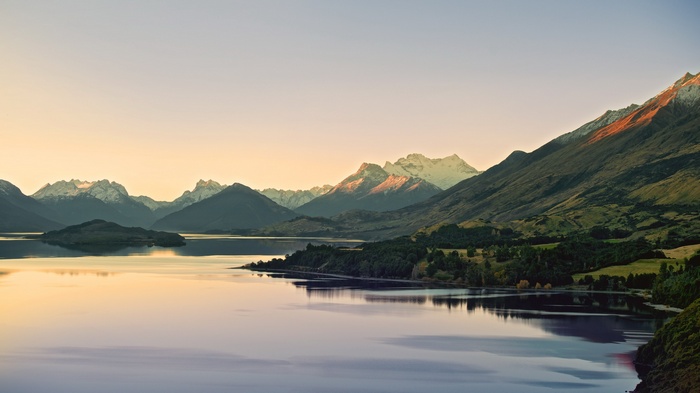 Lake and mountains at sunset