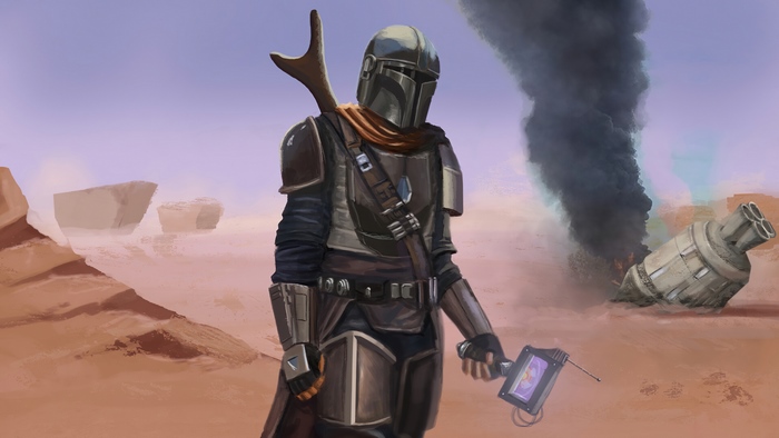 The Mandalorian in a desert landscape with a crashed ship