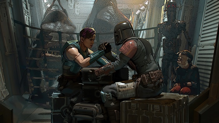 The Mandalorian and Bo-Katan Kryze arm wrestling