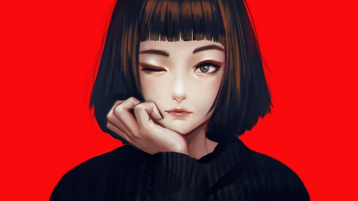 Anime girl winking on red background 4K