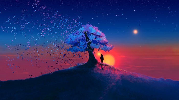 Sunset, Scenery, Landscape, Tree, Digital Art, Illustration, 4K
