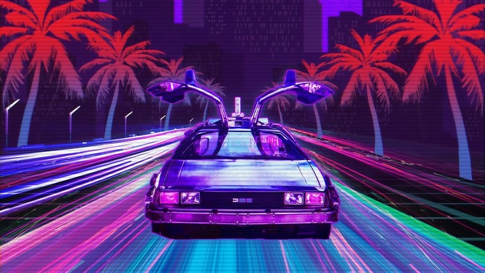 DeLorean car driving on a neon road with palm trees