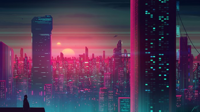 Cyberpunk city skyline at sunset with a lone figure