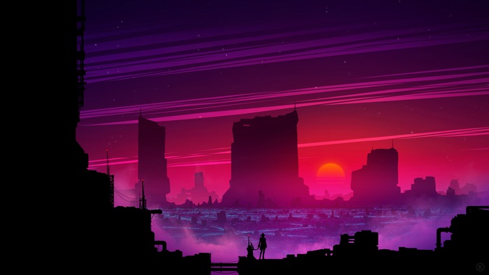 Futuristic city skyline at sunset with two figures