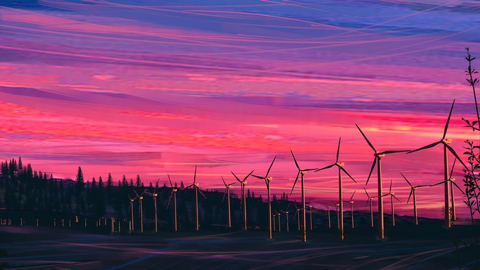 Wind Turbines at Sunset with Pink Sky