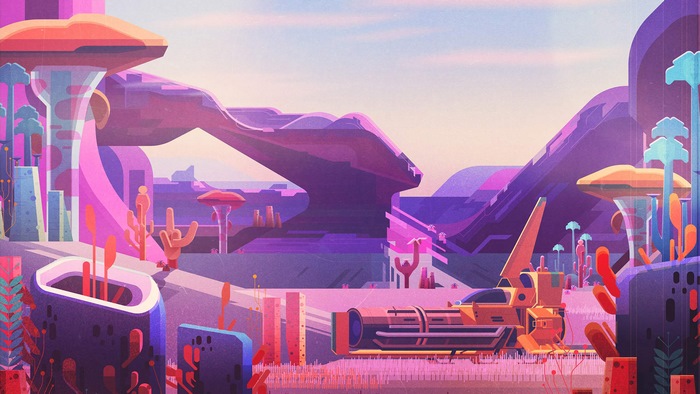 Sci-Fi alien landscape with spacecraft and abstract structures
