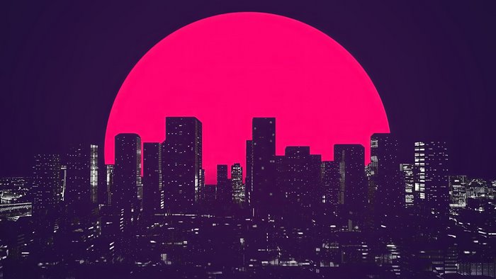 Minimalist Cityscape with Pink Moon 4K