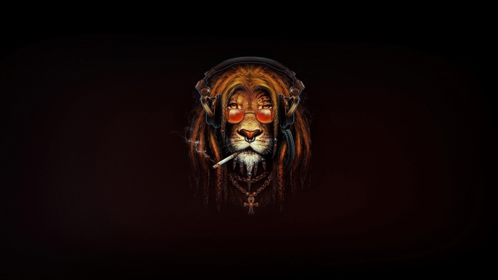 Lion wearing headphones and glasses, smoking a cigarette