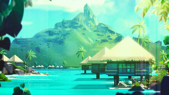 Island scenery with overwater bungalows and mountains